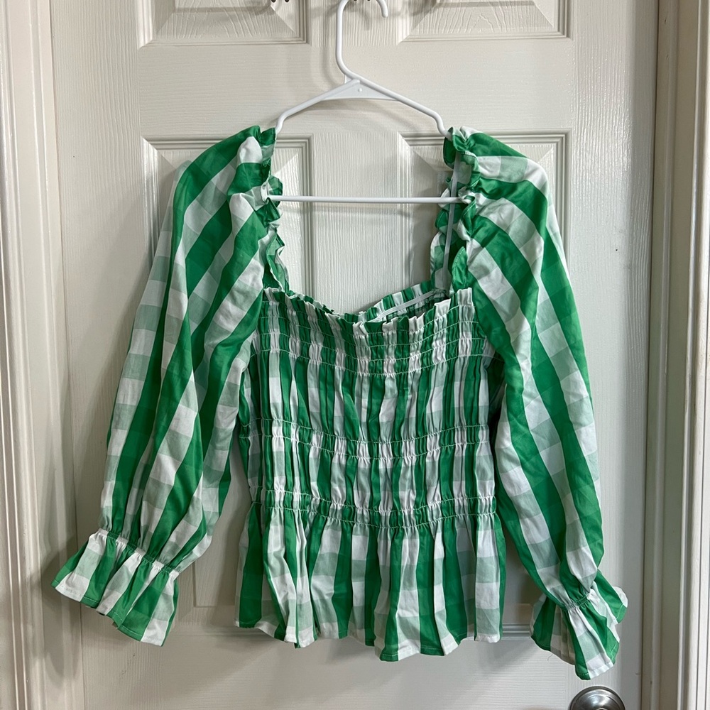 Who What Wear Green and White Plaid Blouse